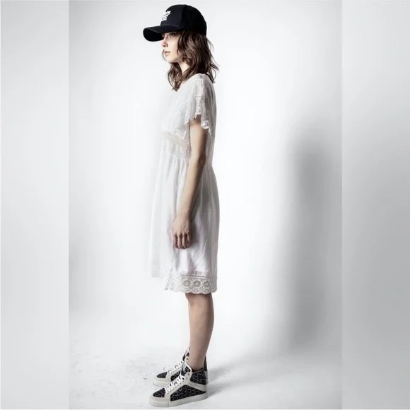 Zadig & Voltaire Roll Cotton White Lace Mini Dress with Pockets Size Small - Picture 3 of 12